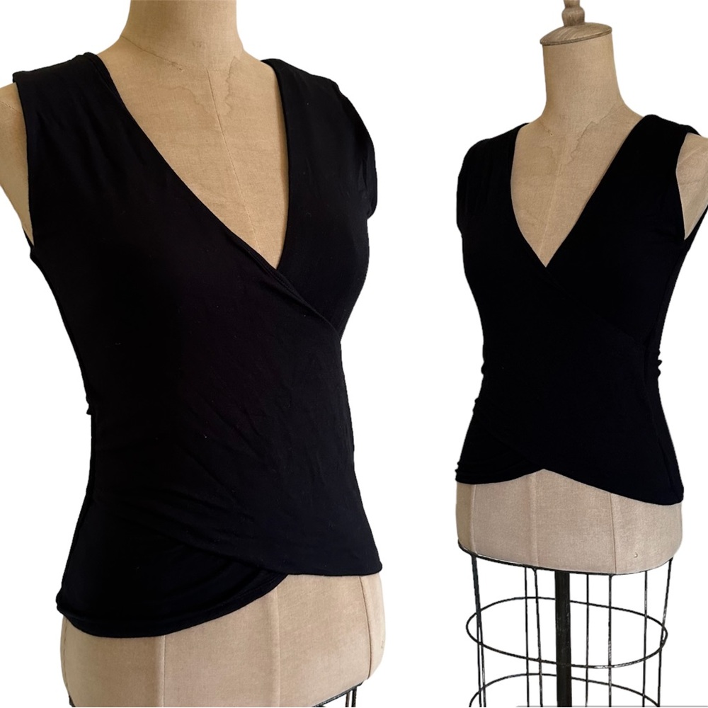 Daniela Corte Black Deep V-Neck Cross Wrap Tank Top Blouse 42